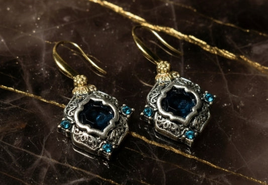 The Azure Heritage Dangle Earrings – Two-Tone Vintage-Inspired Statement Jewelry