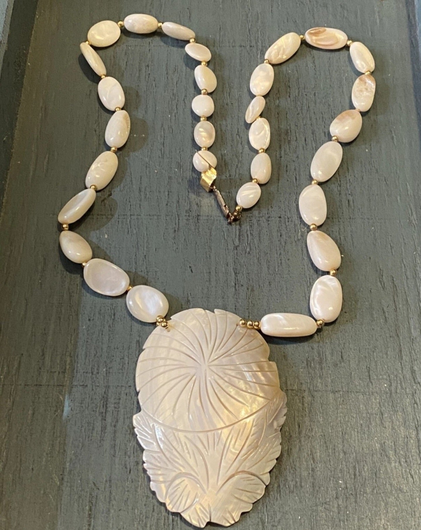 Vintage Carved Mother of Pearl Statement Necklace with Smooth Shell Beads