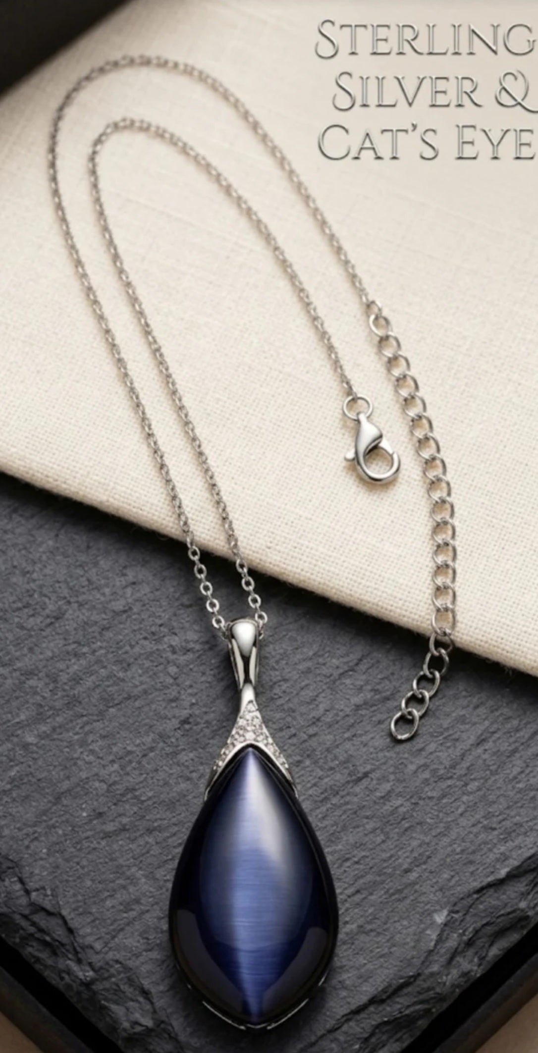 Elegant Dark Cats-Eye Teardrop Pendant Necklace – Silver-Tone Rhinestone Accents