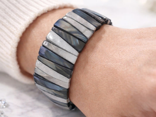 Elegant Slate & Silver Geometric Tile Stretch Bracelet – Modern Statement Piece