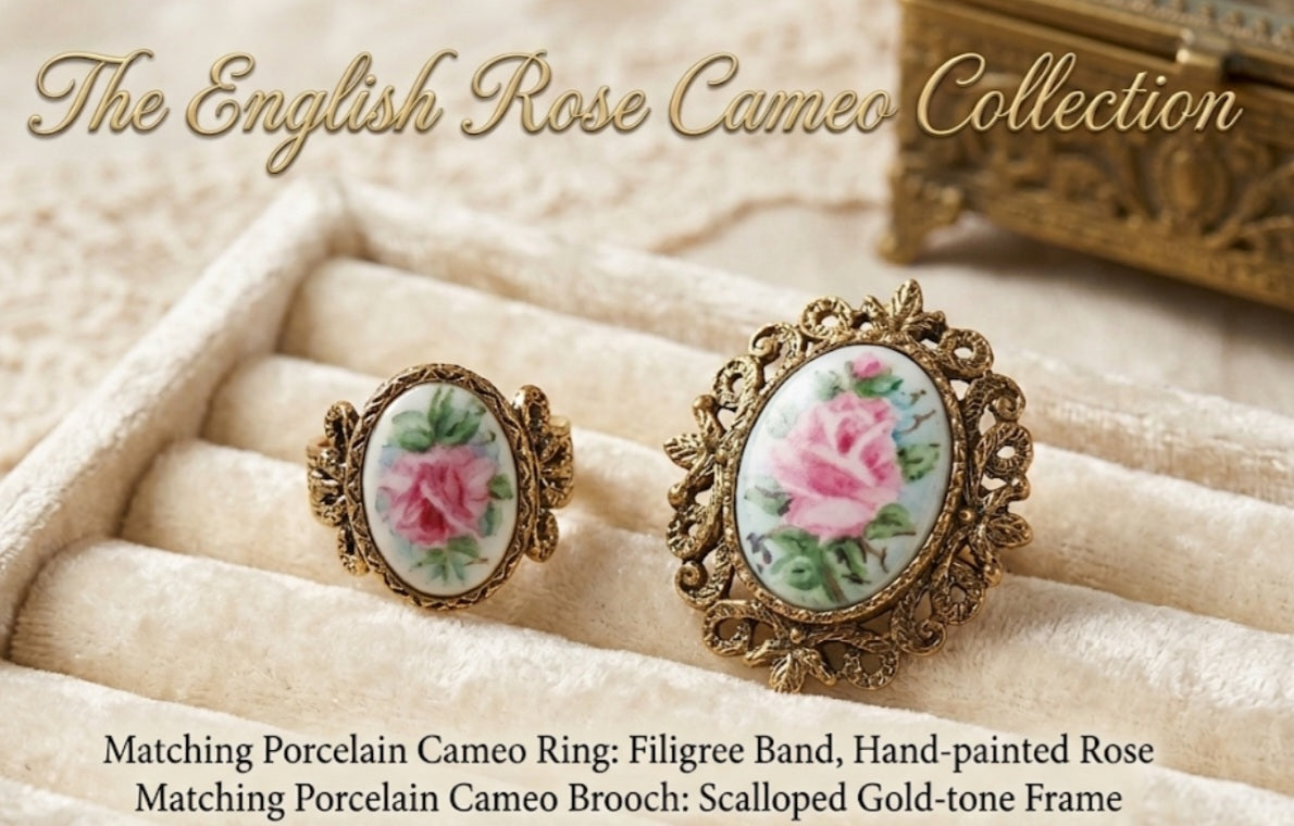 The English Rose Cameo Collection: Matching Porcelain Ring and Brooch Set in Scalloped Gold-Tone Frames"