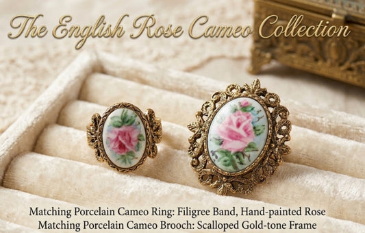 The English Rose Cameo Collection: Matching Porcelain Ring and Brooch Set in Scalloped Gold-Tone Frames"