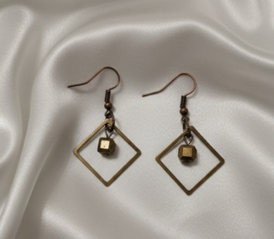 Geometric Brass & Cube Drop Earrings