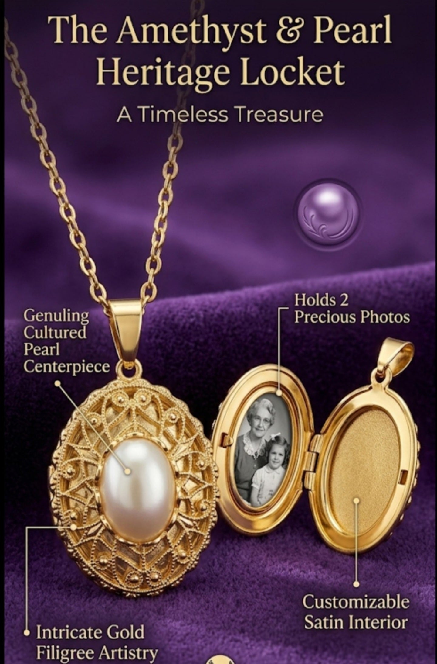 The Amethyst & Pearl Heritage Locket – Timeless Gold Filigree Photo Pendant