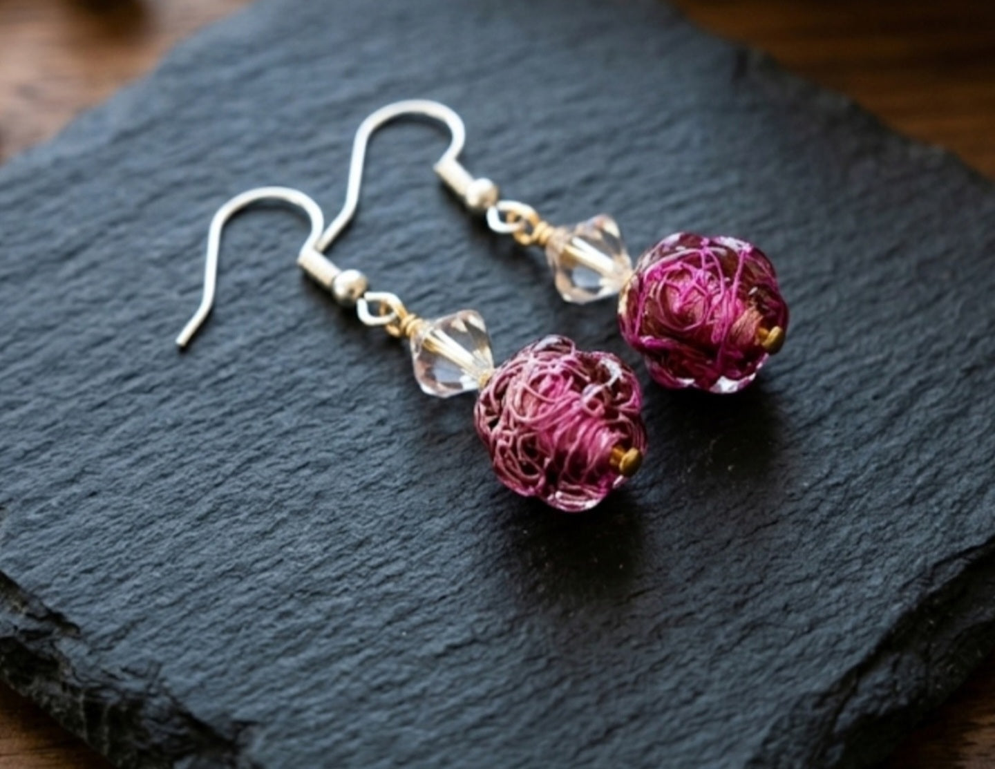 Artisan Magenta Woven Fiber Glass Bead Dangle Earrings with Crystal Accent