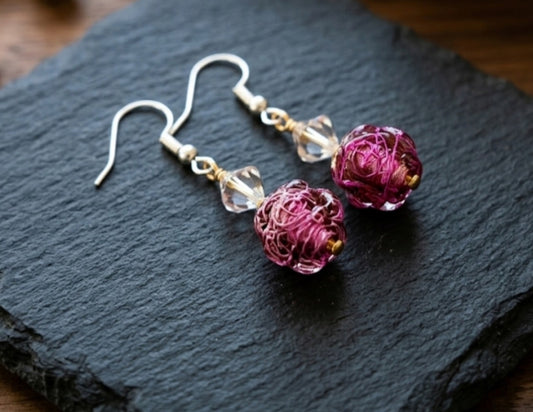 Artisan Magenta Woven Fiber Glass Bead Dangle Earrings with Crystal Accent